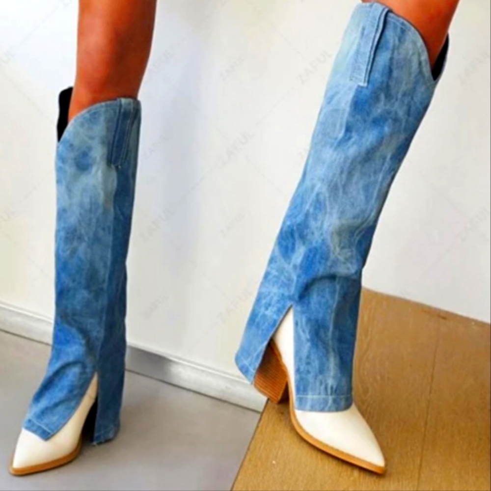 Denim Folded Pointed Toe Block Heel Knee High Boots good condition